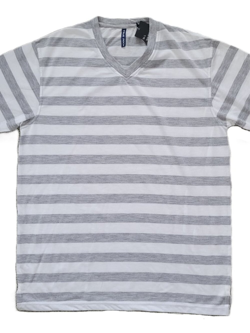 True Rock Men’s Large Gray White Striped V-Neck T-Shirt Short Sleeve - NEW